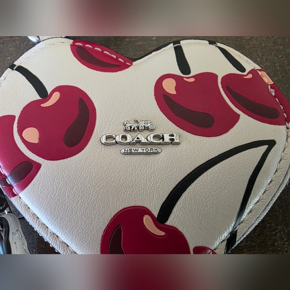 Coach Heart Shaped Coin Pouch Bag Charm With Cherries- NWT - Picture 8 of 11
